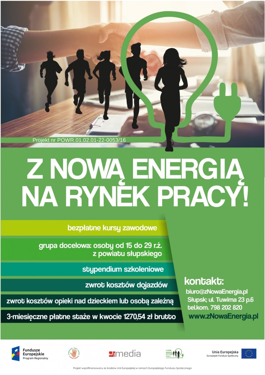 plakat "Z nową Energią na Rynek Pracy!" - bezpłatne kursy zawodowe