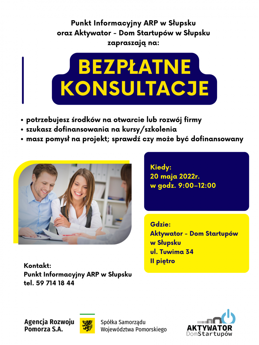Bezpłatne konsultacje Punktu Informacyjnego ARP w Słupsku oraz Aktywator - Dom Startupów w Słupsku
